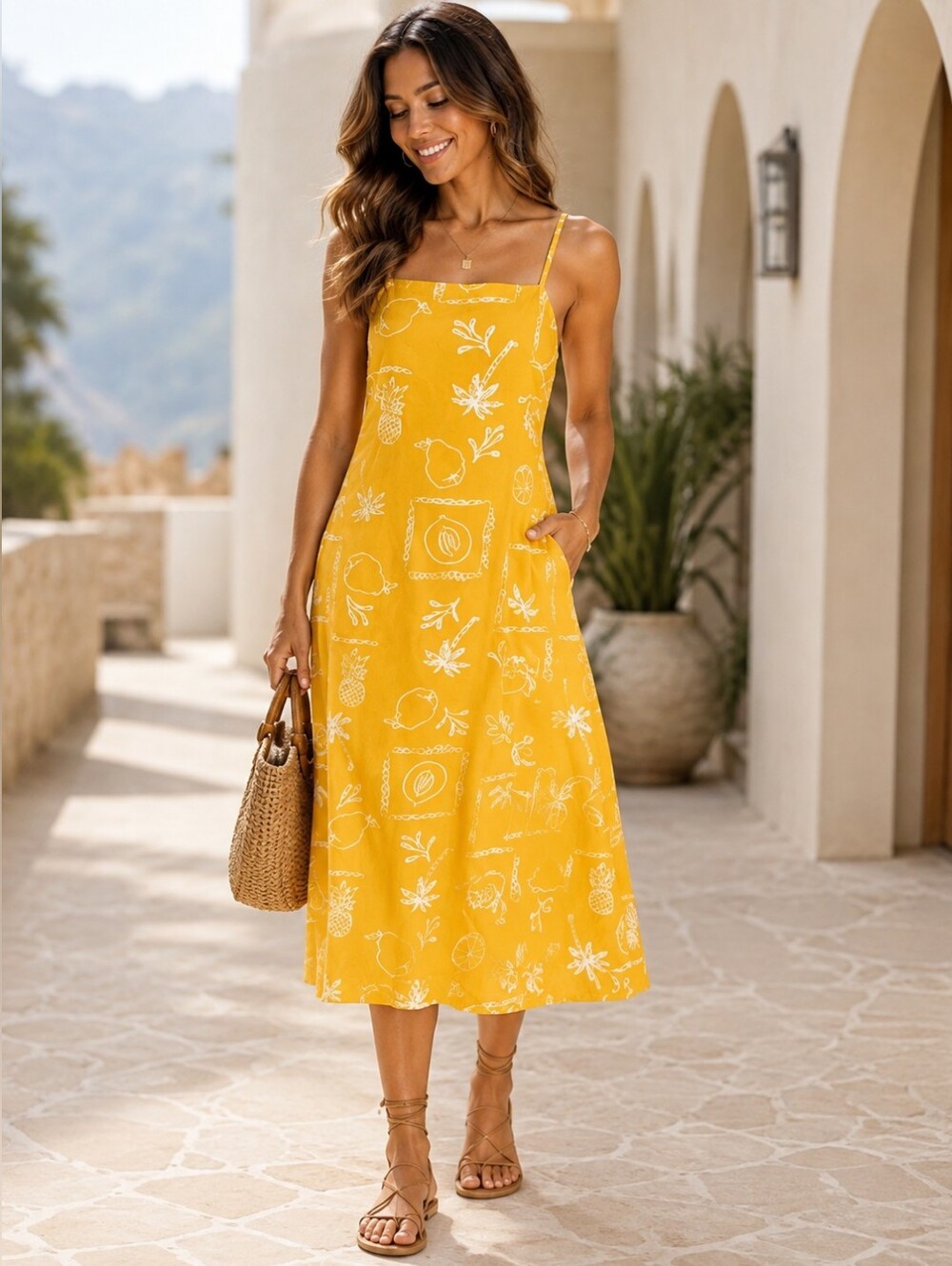 Japna Yellow Tropical Print Midi Maxi Dress Size Large Resort Vacation NWOT